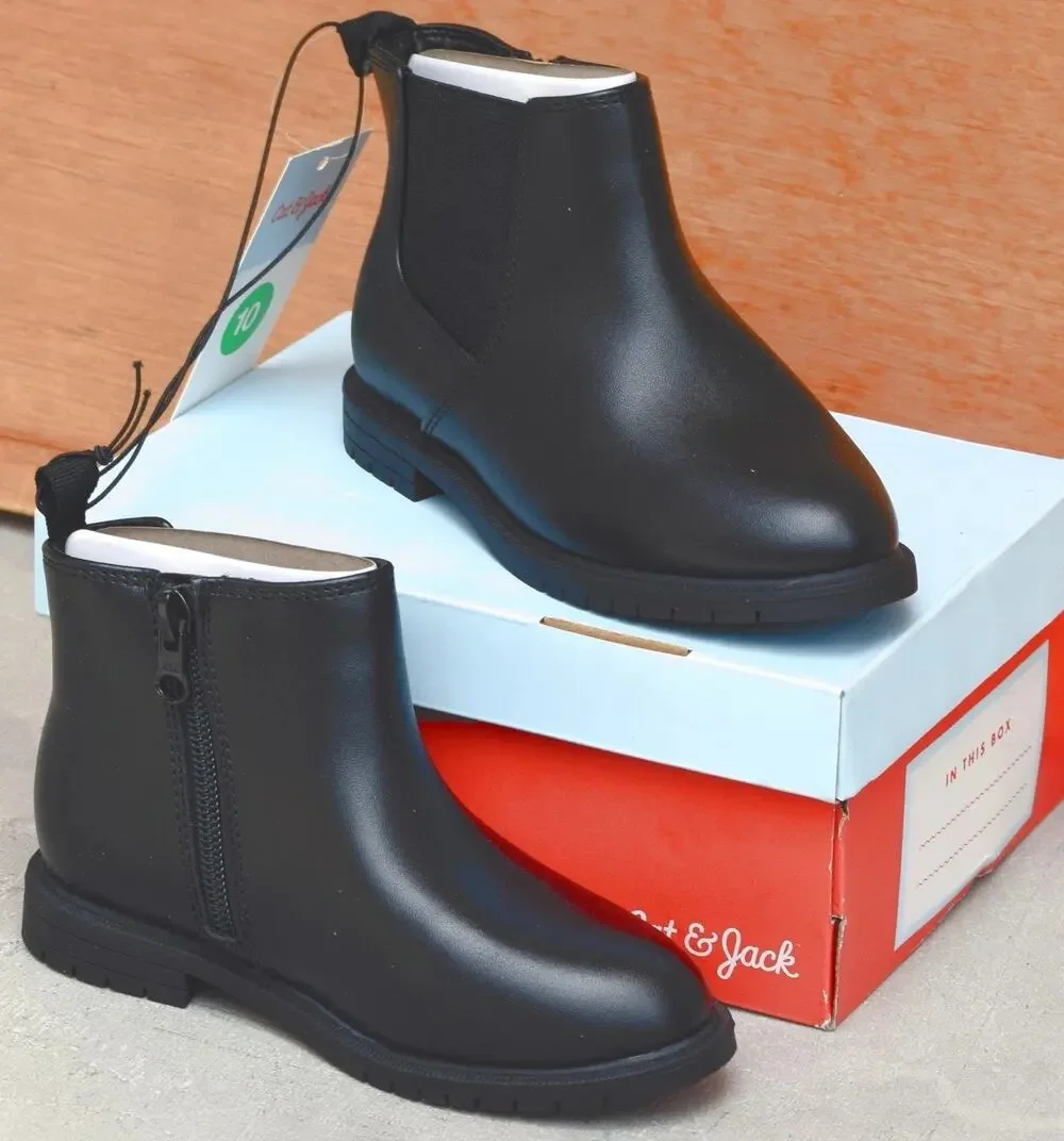 Cat & Jack Boys Tanner Chelsea Ankle Boots Black Vegan Faux Leather Size 10